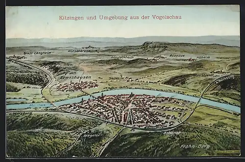 Künstler-AK Eugen Felle: Kitzingen, Kitzingen und Umgebung aus der Vogelschau