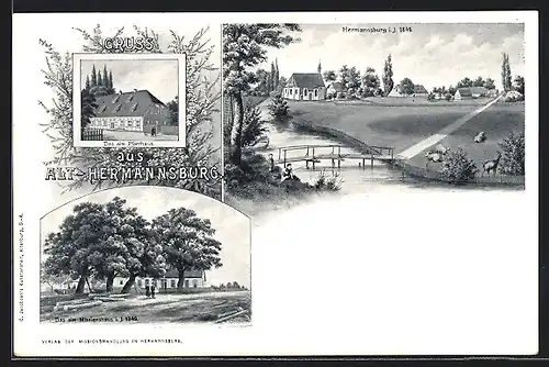Lithographie Hermannsburg, Alt-Hermannsburg, Das alte Pfarr- und das alte Missionshaus
