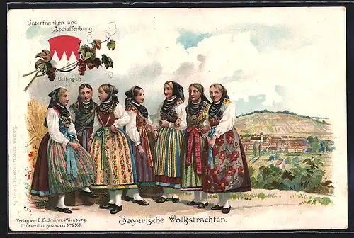 Lithographie Aschaffenburg, Unterfränkische Frauen in bayerischer Tracht