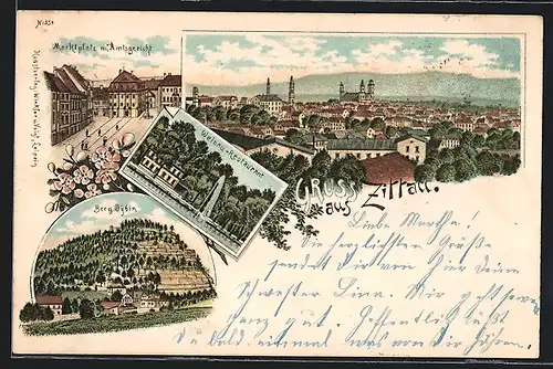 Lithographie Zittau, Ortsansicht, Marktplatz mit Amtsgericht, Weinau-Restaurant