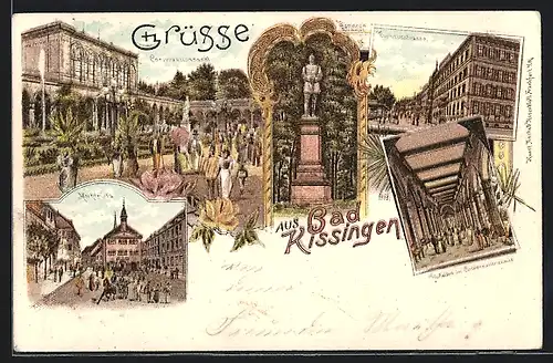 Lithographie Bad Kissingen, Konversationssaal, Marktplatz, Bismarckdenkmal und Kurhausstrasse