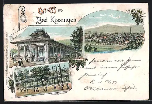 Lithographie Bad Kissingen, Rakoczybrunnen, Café Bijou und Ortsansicht