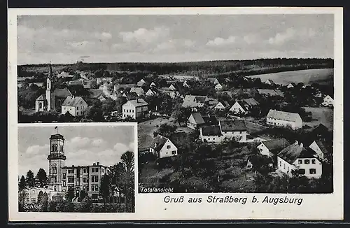 AK Strassberg b. Augsburg, Totalansicht, Schloss