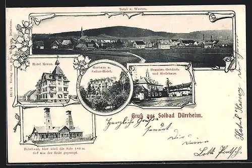 AK Solbad Dürrheim, Totalansicht von Westen, Hotel Kreuz, Kurhaus und Saline-Hotel, Beamten-Gebäude und Siedehaus