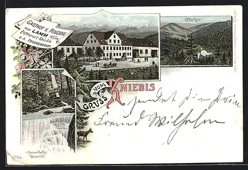 Lithographie Kniebis, Gasthof und Pension zum Lamm, Sankenbacher Wasserfälle