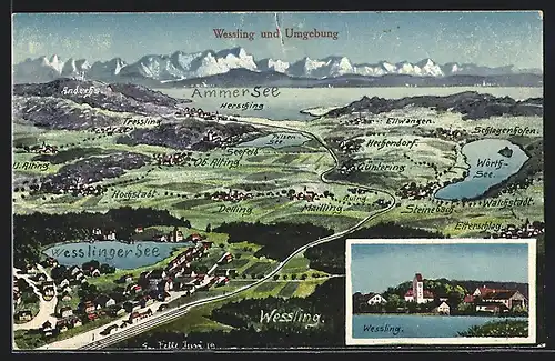 Künstler-AK Wessling, Landkarte Wessling mit Umgebung, Teilansicht