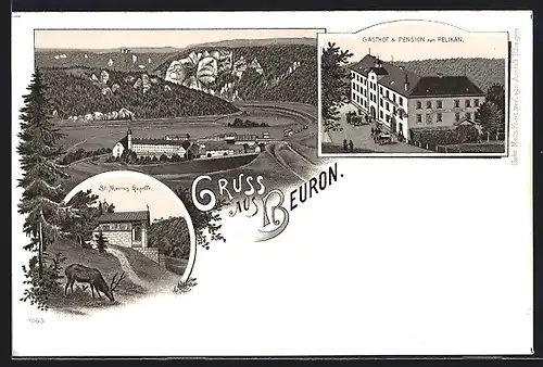 Lithographie Beuron, Gasthaus zum Pelikan, St. Markus Kapelle