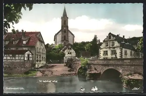 AK Gräfendorf /Ufr., Flusspartie gegen Kirche