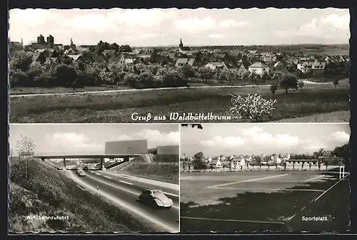 AK Waldbüttelbrunn, Ortsansicht, Sportplatz und Autobahnzufahrt