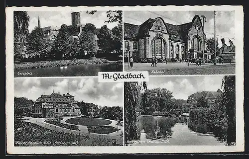 AK M.-Gladbach, Geroplatz, Bahnhof, Kaiser-Friedrich-Halle