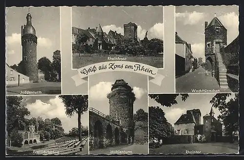 AK Zons, Juddenturm, Rheinfront, Mühlenturm, Freilichtbühne