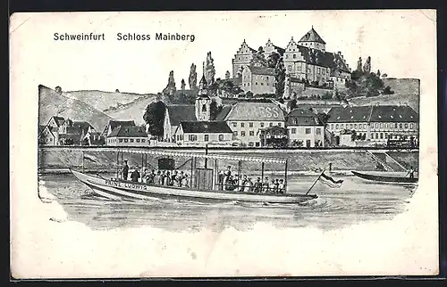 Lithographie Schonungen, Schloss Mainberg, Ausflugsboot Prinz Ludwig