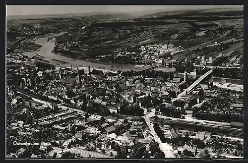AK Ochsenfurt am Main, Fliegeraufnahme der gesamten Stadt mit den 2 Mainbrücken
