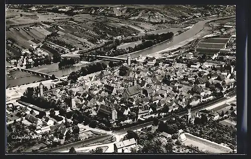 AK Ochsenfurt am Main, Fliegeraufnahme der Stadt mit den zwei Brücken und vielen Türmen