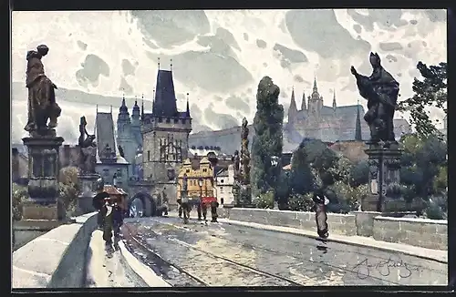 Künstler-AK Jaroslav Setelik: Prag, Auf der Karlsbrücke