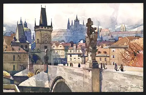 Künstler-AK Jaroslav Setelik: Praha / Prag, Karlsbrücke