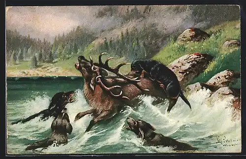 Künstler-AK Alfred Schönian:Jagdhunde stellen einen Hirsch in einem reissenden Fluss