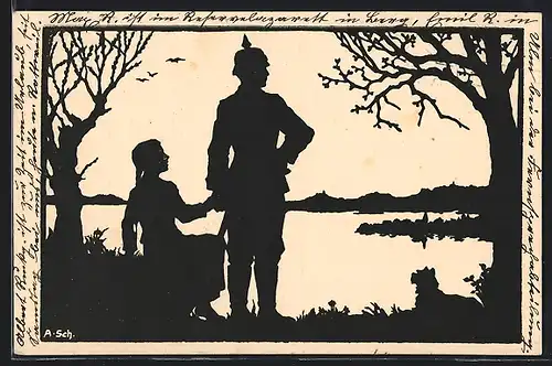Künstler-AK Anna Schirmer: Ansicht eines Soldaten mit einer Frau an einem See