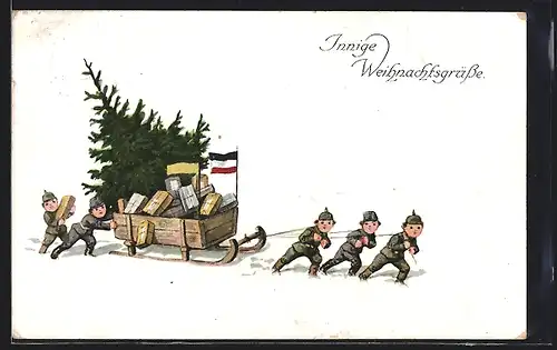 Künstler-AK Ad. Hoffmann: Weihnachtsgrüsse, Kindersoldaten ziehen einen Schlitten mit Weihnachtsbaum und Geschenken