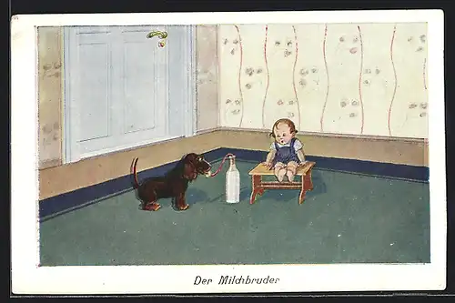 Künstler-AK Ad. Hoffmann: Der Milchbruder, Dackel trinkt aus einer Milchflasche