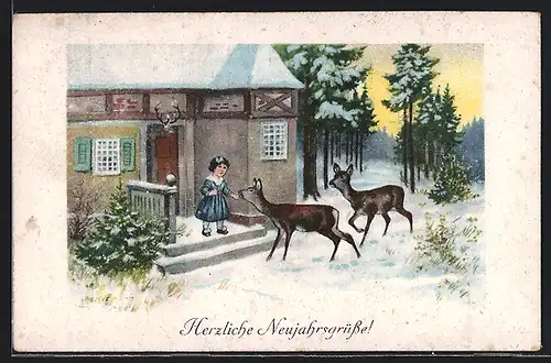 Künstler-AK Ad. Hoffmann: Neujahrsgrüsse, Mädchen mit zwei Rehen am Haus