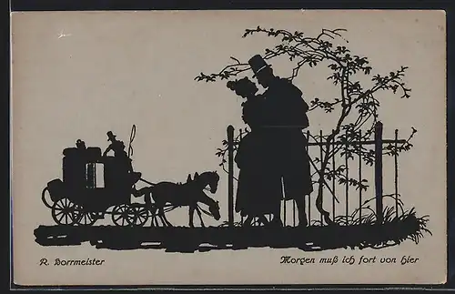 Künstler-AK R. Borrmeister: Schattenbild, Morgen muss ich fort von hier, Liebespaar, Im Hintergrund Kutsche