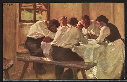 Künstler-AK Albin Egger-Lienz: Schweigende Bauern bei Mittag essen