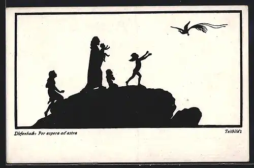 Künstler-AK Diefenbach: Schattenbild Per aspera ad astra Teilbild 1, Mutter und Kinder betrachten Vogel