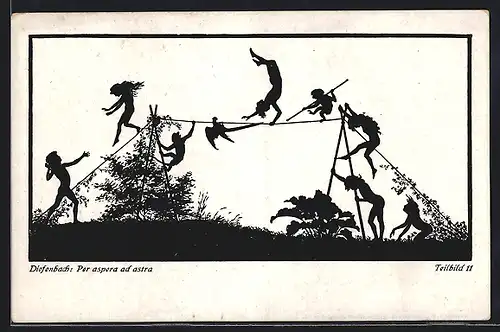 Künstler-AK Diefenbach: Per aspera ad astra, Schattenbild, Kinder klettern an einem Seil, Teilbild 11