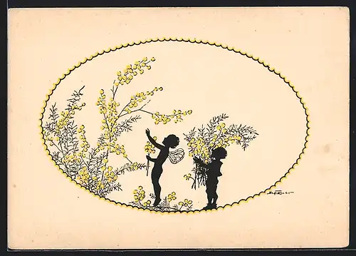 Künstler-AK Elsbeth Forck: zwei Elfen sammeln blühende Zweige