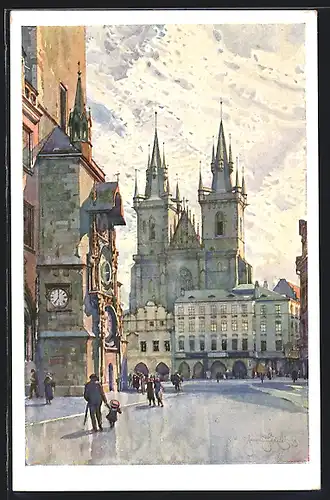 Künstler-AK Jaroslav Setelik: Prag / Praha, Tyn, Blick zur Kirche