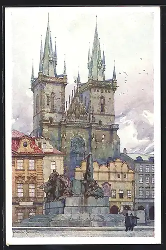 Künstler-AK Jaroslav Setelik: Praha, Pred Tynem-Devant l`Èglise de Tyn