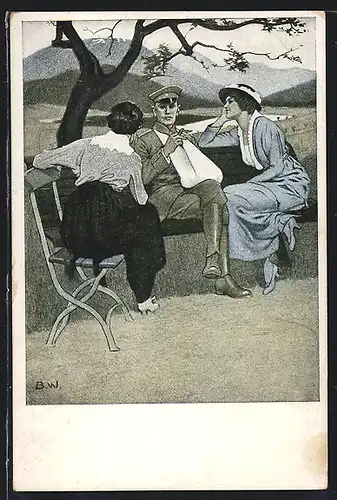 Künstler-AK Brynolf Wennerberg: Daheim, Soldat erzählt Frauen Kriegsgeschichten