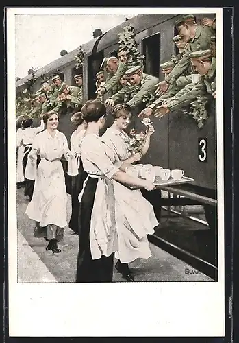 Künstler-AK Brynolf Wennerberg: Erfrischungsstation, junge Frauen reichen Soldaten im Zug Getränke durch die Fenster