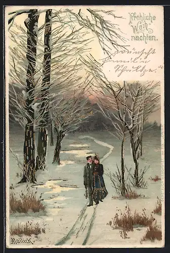 Künstler-AK Alfred Mailick: Paar in winterlicher Landschaft, Weihnachtsgruss
