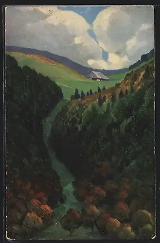 Künstler-AK Fritz Reiss: Blick ins Tal, Herbst im Schwarzwald