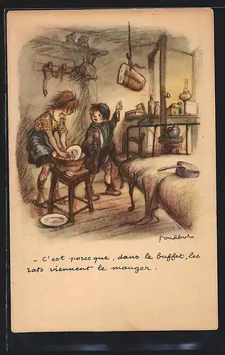 Künstler-AK Francisque Poulbot: Französisches Mädchen beim Abwasch