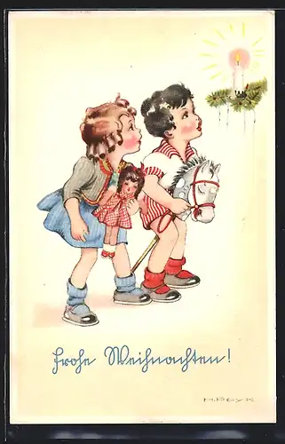 Künstler-AK Hilla Peyk: Mädchen mit Puppe und Stockpferd beobachten eine leuchtende Kerze