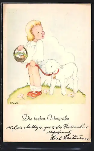Künstler-AK Hilla Peyk: Beste Osatergrüsse, Mädchen mit einem Lamm