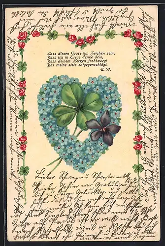 AK Blumenbild, Herz aus Vergissmeinnicht-Blüten