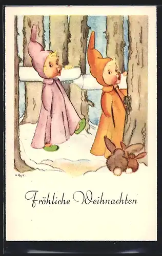 Künstler-AK Hilla Peyk: Fröhliche Weihnachten, zwei Kinder im verschneiten Wald