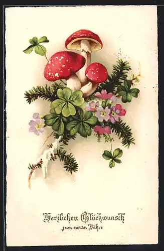 AK Tannenzweig mit Kleeblätter und Pilzen zum neuen Jahr