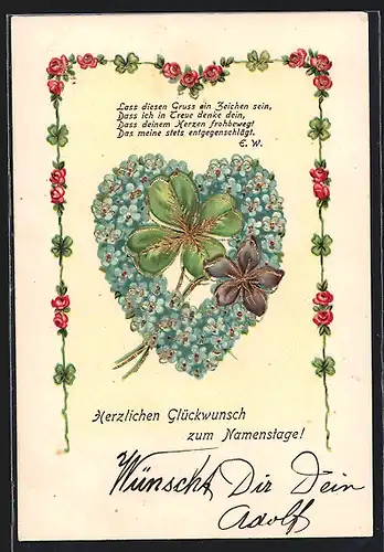 AK Glückwunsch zum Namenstag, Herz aus Vergissmeinnicht-Blüten