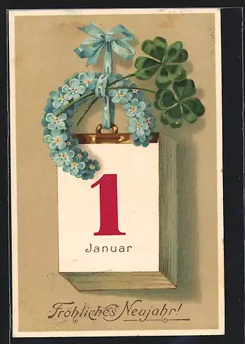 Präge-AK Blumenbild mit Vergissmeinnicht-Blüten und Kleeblätter zum 1. Januar