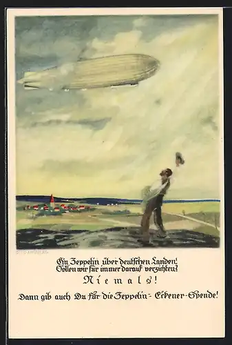 Künstler-AK Otto Amtsberg: ein Zeppelin über deutschen Landen, Mann jubelt dem Luftschiff zu