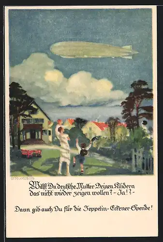 Künstler-AK Otto Amtsberg: das Zeppelin über der Stadt, Mutter mit Kind und Spende