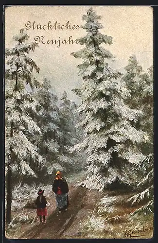 Künstler-AK Johan Georg Gerstenhauer: idyllischer Waldspaziergang im Winter