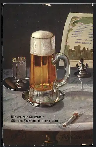 Künstler-AK Fritz Hildebrandt: Bierglas und Raucherutensilien