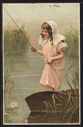 AK Mädchen auf einem Boot stehend beim Angeln