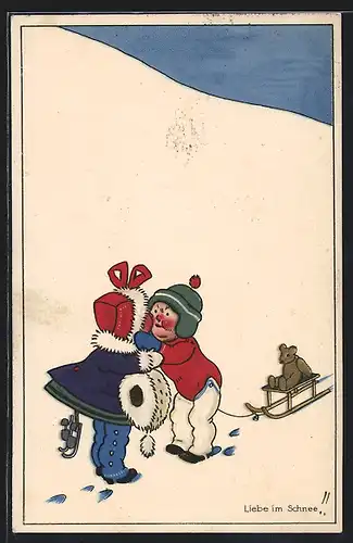 AK Liebe im Schnee, Junge und Mädchen mit einem Teddy auf dem Schlitten